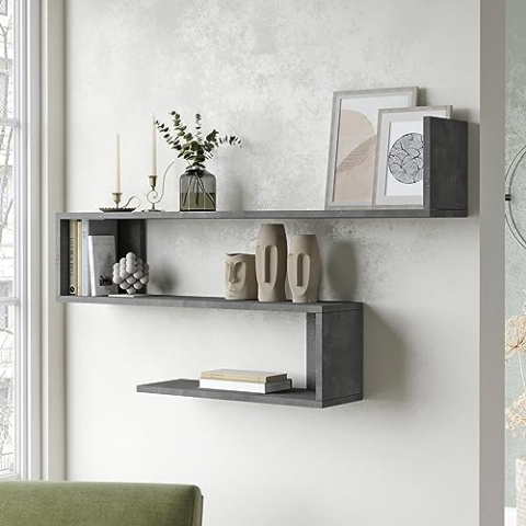 [en.casa] Wandregal Kitee mit 3 Ablageflächen Schweberegal 120 x 14,5 x 71,5 cm Büherregal Wohnzimmerregal hängend Betonoptik