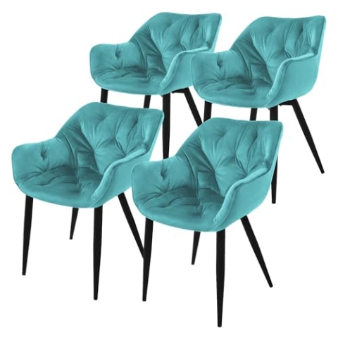 ML-Design Esszimmerstühle 4er Set, Petrol, Küchenstuhl mit dickem Samtstoff gepolsterter Sitz, Metallbeinen, Wohnzimmerstuhl mit Rücken- und Armlehnen, Gesteppter Polsterstuhl, Ergonomischer Sessel