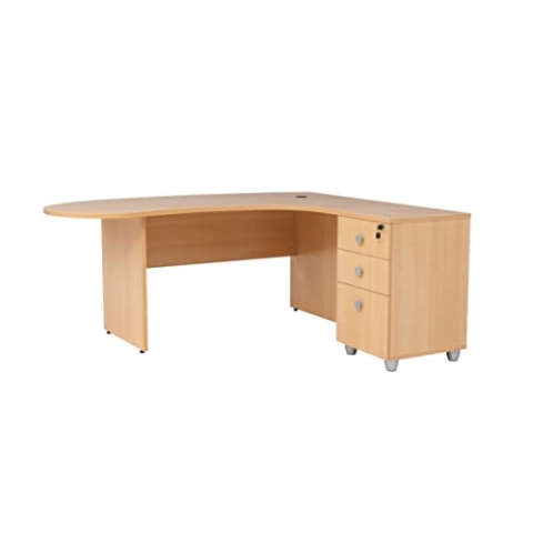 Furni24 Schreibtisch Chefschreibtisch Winkeltisch PC Tisch Moderner Bürotisch Computertisch mit großer, Holzbeinen, Arbeitsfläche Gela Buche Dekor rechts gewinkelt Ink.Beistellcontainer mit Schubladen