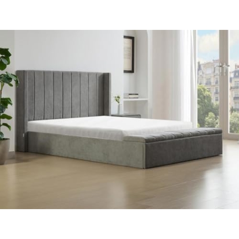 Vente-unique-Bett mit Bettkasten & Bank - 140 x 190 cm - Stoff - Grau - DOUINO