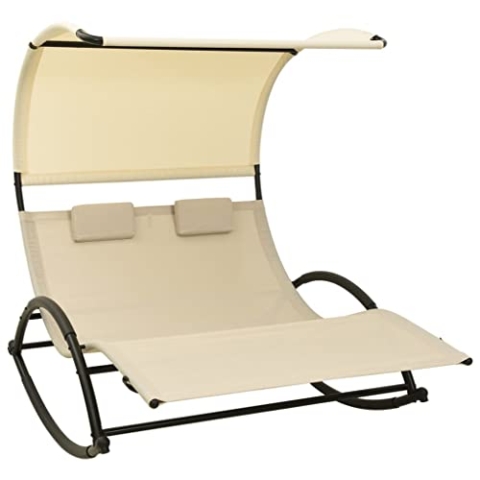 vidaXL Doppel Sonnenliege mit Sonnendach Doppelliege Gartenliege Liege Gartenmöbel Relaxliege Strandliege Freizeitliege Textilene Creme