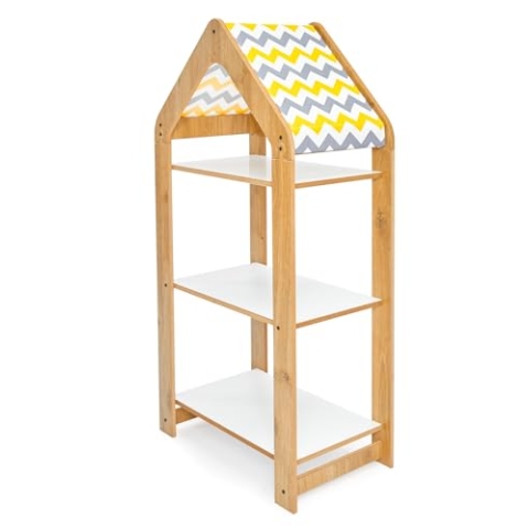 MINERA Kinderregal – Montessori Spielzeug- & Bücherregal aus MDF – 80 cm hoch, abgerundete Ecken, in Weiß mit Dachüberzug – Ideal für Kinderzimmer & Vorschule (Natural&Weiß/Gelb, 3 Regale)