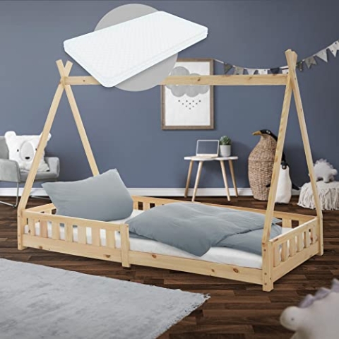 ML-Design Kinderbett Tipi 90x200 cm Natur mit Matratze H:10cm, Rausfallschutz & Lattenrost, Kiefernholz, Indianer Bett Massivholz für Mädchen & Jungen, Hausbett mit Zaun, Jugendbett Spielbett Holzbett
