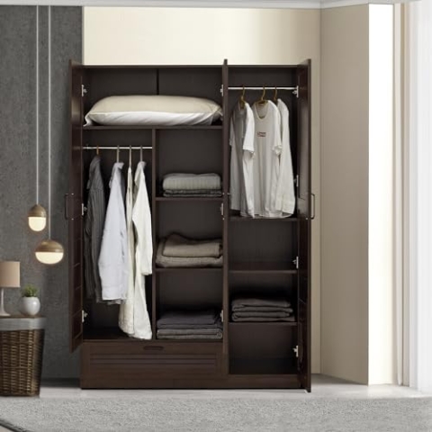 [en.casa] Kleiderschrank Finning 3-türig 176 x 120 x 52 cm Garderobenschrank mit 2 Kleiderstangen, 7 Fächern und 1 Schublade Walnuss, dunkel