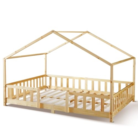 [en.casa] Kinderbett Treviolo Hausbett 80 x 160 cm Holzbett für Kinder mit Rausfallschutz Bettgestell mit Lattenrost Kiefernholz Holzfarben