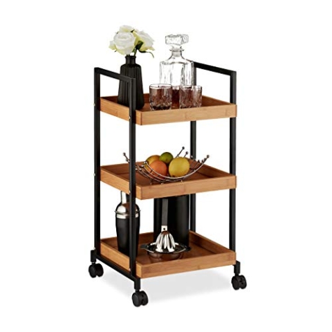 Relaxdays Servierwagen, moderner Küchentrolley, & Eisen, 3 Böden, quadratisch, 4 Rollen, 69,5 x 37 x 34 cm, natur, Hellbraun, Schwarz