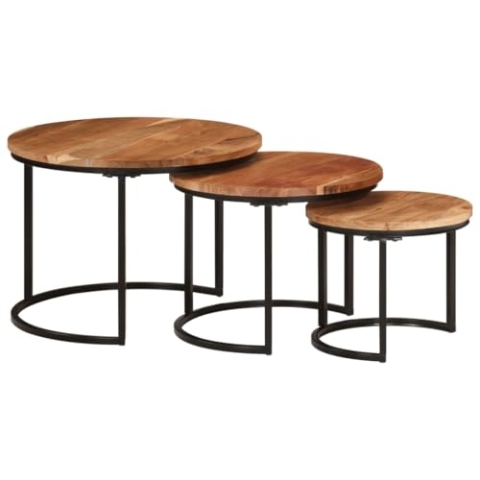 vidaXL Satztisch 3-TLG., Couchtisch Holz-Tischplatte Eisenbein, Beistelltisch für Wohnzimmer, Wohnzimmertisch, Industrie-Stil, Massivholz Akazie
