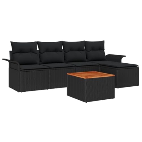 vidaXL 6-teiliges Garten Sofa Set mit Kissen Schwarz Poly-Rattan Akazie Wetterresistentes Outdoor Möbel Patio Gepolsterte Sitzgelegenheiten Modernes Lounge Holz Tisch