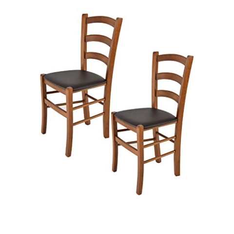 Tommychairs - 2er Set Stühle VENICE für Küche und Esszimmer, Struktur aus lackiertem Buchenholz im Farbton helles Nussbraun und gepolsterte Sitzfläche mit Kunstleder in der Farbe Mokka bezogen