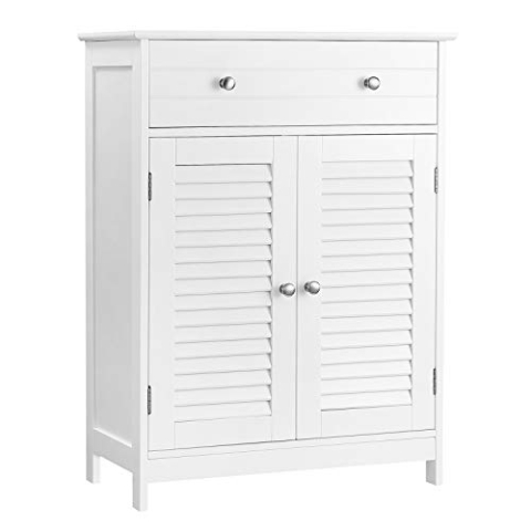 VASAGLE Badezimmerschrank, Badschrank, 60 x 30 x 80 cm, Aufbewahrungsschrank mit 2 Lamellentüren, Schublade, verstellbare Regalebene, skandinavischer Stil, mattweiß BBC51WT