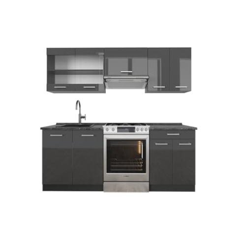 Vicco Küchenzeile R-Line, Anthrazit Hochglanz/Anthrazit, 200 cm, AP Anthrazit
