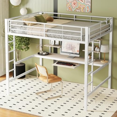 OKYION Hochbett 140x200cm mit Rausfallschutz, Schreibtisch und Zwei Bücherregalen, Metallbett Eisenbett Bettgestell für Kinder, Jugendliche und Erwachsene, Weiß