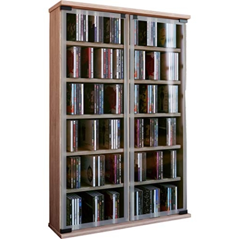 VCM CD Regal Holz | CD Schrank mit ESG-Sicherheitsglastüren für 300 CDs oder 130 DVDs 72-Videos | Maße: H. 92 x B. 60 x T. 18 cm | Elegantes DVD Regal | Blu ray Regal | CD Regal - Galerie Sonoma-Eiche