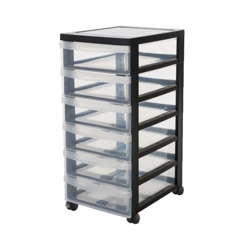 Iris Ohyama Kunststoff-Schubladenbox mit Rollen, 6 flachen Schubladen, Schwarz, Griffe zum Ziehen, Für Schlafzimmer, Bad, Schule & Büro, BPA-frei, Schubladenschrank, Rollcontainer, A4 Drawer, DC-360