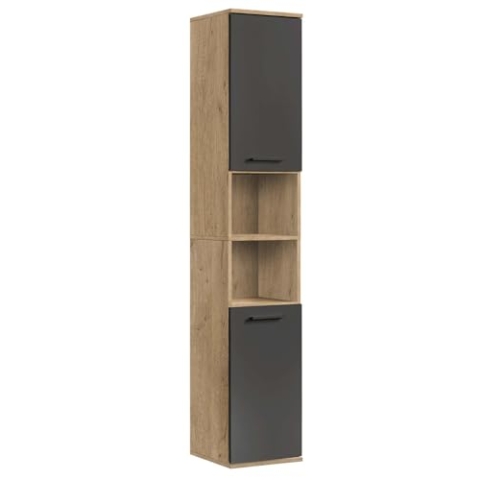 mokebo® Bad Hochschrank in Eiche-Schwarz 'Der Kapitän', Badezimmerschrank schmal oder Badschrank, auch als Badezimmerhochschrank & Badregal Badezimmer aus Holz in 180x33x34 (HxBxT in cm)