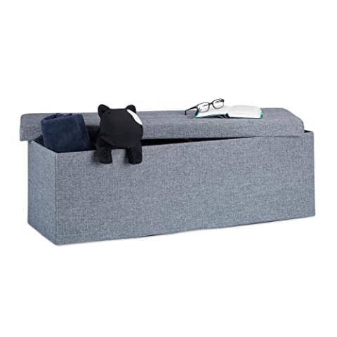 Relaxdays Faltbare Sitzbank XXL, Sitzcube mit Stauraum, Sitzwürfel aus Leinen, mit Deckel, HBT 38x114x38 cm, dunkelgrau