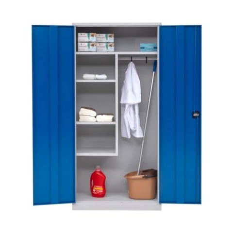 furni24 Metall Putzmittelschrank–Wäscheschrank aus Stahl mit blauen Türen Zweipunktverriegelung incl. 2 Schlüsseln Kleiderspind Stahl Lagerschrank Werkzeugschrank fertig montiert-Grau 92x195x42cm