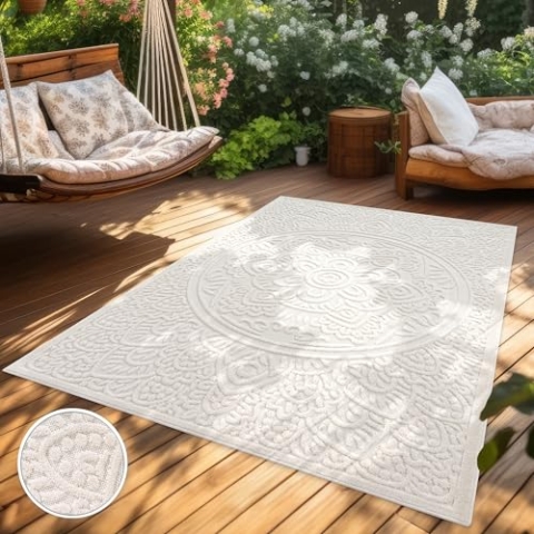 Paco Home Teppich In- & Outdoor, Moderne abstrakte Boho Designs mit 3D Struktur, robust & wetterfest, ideal für Terrasse Wohnzimmer & Küche, Grösse:160x230 cm, Farbe:Creme 3