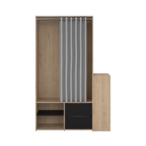 ebuy24 Kimmy Offener Kleiderschrank, mit Vorhang, 2 Schubladen, Schuhschrank Walnuss Dekor (Matt schwarz)