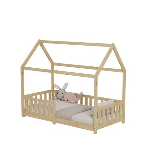 ecomi Kinderbett Hausbett mit Rausfallschutz und Lattenrost, Kinderbett 90x200 / 80x160 für Kinder, Natur (90x200)