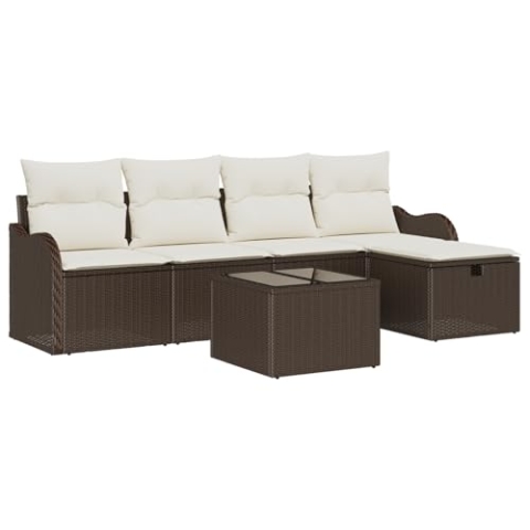 vidaXL 6-teiliges Garten Sofa Set mit Kissen Braun Poly Rattan, 2-Sitzer Garten Sofa mit Kissen Braun Poly Rattan