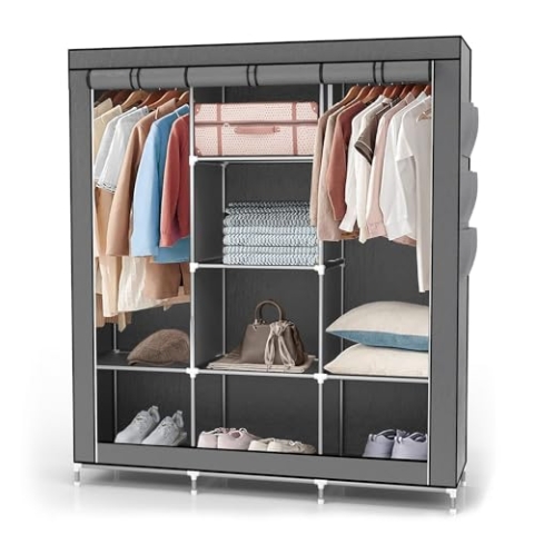 INTIRILIFE Faltschrank 130x175x45 cm in ASCH GRAU - mit Reißverschluss Stoffschrank Kleiderschrank mit Kleiderstange, Fächern und Seitentasche - Camping Steckschrank Textil Garderobe