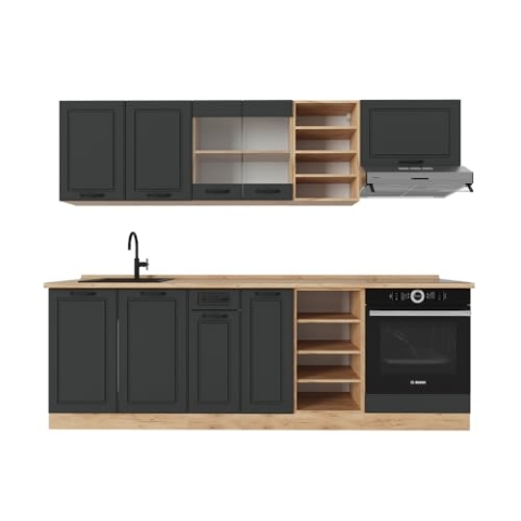 Vicco Küchenzeile R-Line, Anthrazit Landhaus/Goldkraft Eiche, 240 cm ohne Arbeitsplatte