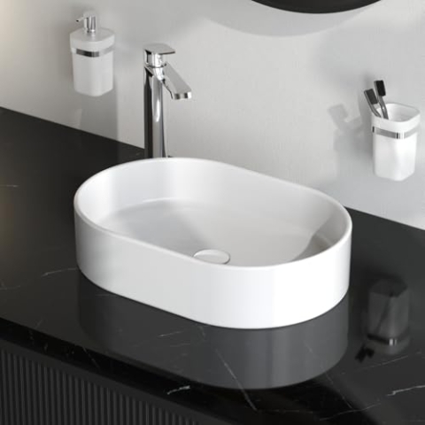 AM.PM Func - Ovales Aufsatzbecken, Waschbecken aus Keramik für Bad & Gäste-WC, Waschschale für Badezimmer, Aufsatzwaschbecken ohne Überlauf, Leicht zu Installieren - 51 x 35 x 12 cm, Weiß