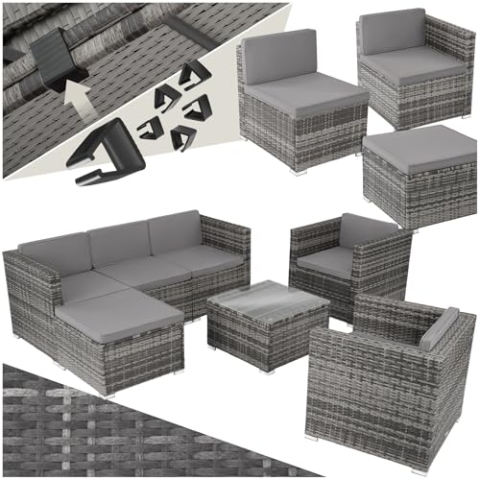 tectake® Poly Rattan Lounge, Outdoor Sitzgruppe, Set mit Sofa, 2 Sesseln, Hocker, Tisch, frei kombinierbar, Gartenmöbel für 5-6 Personen, für Garten Terrasse Balkon, inkl. Polster - grau