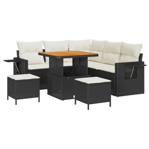 vidaXL 8-teiliges Garten Sofa Set mit Kissen Schwarz Poly Rattan Akazie, 3-teiliges Garten Essset mit Kissen Schwarz Poly Rattan Akazie