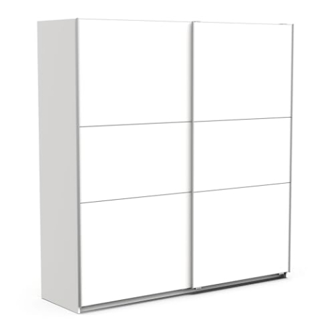 Demeyere Schiebetürschrank mit modernem Kleiderschrank – Farbe Weiß matt und Metall-Finish – 194,5 x 59,9 x 203 cm, Holzwerkstoff, grau