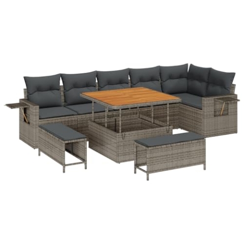 vidaXL 9-teiliges Garten Sofa Set mit Kissen Grau Poly Rattan Akazie, 3-teiliges Garten Esszimmer Set mit Kissen Grau Poly Rattan Akazie
