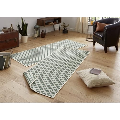 NORTHRUGS In- und Outdoor Teppich Nizza 80x250cm - Wendeteppich Wetterfest Modernes Geometrisches Muster Läufer für Balkon Terrasse Garten Wintergarten Wohnzimmerteppich Wasserfest in Grün Creme