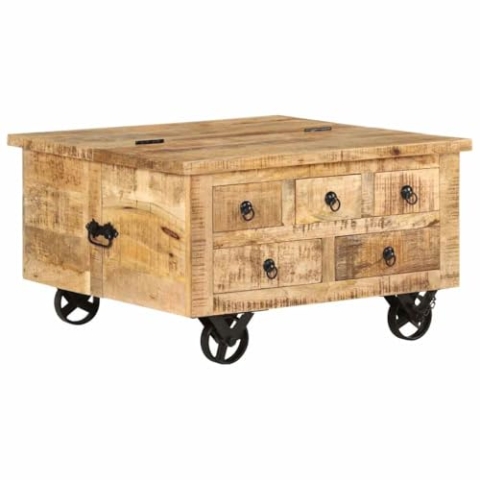 vidaXL Raues Mangoholz Couchtisch mit 5 Schubladen 1 Staufach Vintage Beistelltisch Wohnzimmertisch Kaffeetisch Sofatisch 70x70x40cm