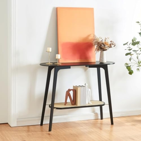 [en.casa] Konsolentisch Taivalkoski Beistelltisch schmal Bambus Wohnzimmertisch mit Stauraum 100 x 35 x 80 cm Flurtisch mit unterer Ablage Schwarz/Rattanoptik