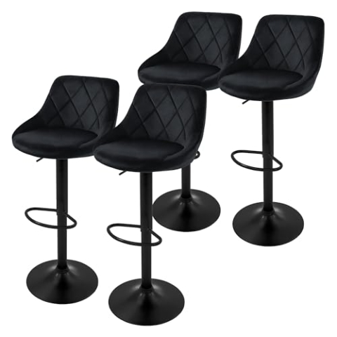 ML-Design Barhocker 4er Set, Bezug aus Samt, Schwarz, Gepolsterter Barstuhl mit Rückenlehne und Fußstütze, Tresenhocker höhenverstellbar 62-82 cm, 360° drehbar, Bistrohocker Hocker Drehstuhl Barstühle