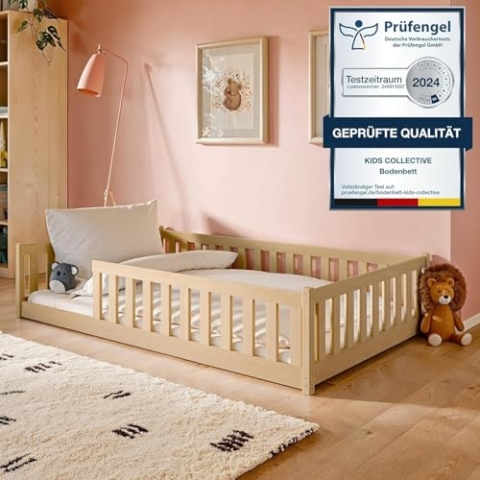 Kinderbett Bodenbett 120x200 cm mit Matratze, Rausfallschutz & Lattenrost Montessori Bett Bed Gitterbett Kinder Jugendbett Einzelbett | natur weitere Größen 80x160 | 90x200 | 140x200 cm