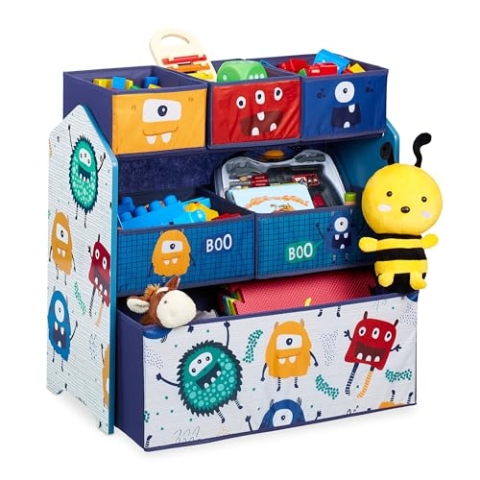Relaxdays Kinderregal mit 6 Stoffboxen, Monster Design, HxBxT: 66 x 63,5 x 30 cm, Spielzeugregal fürs Kinderzimmer, bunt