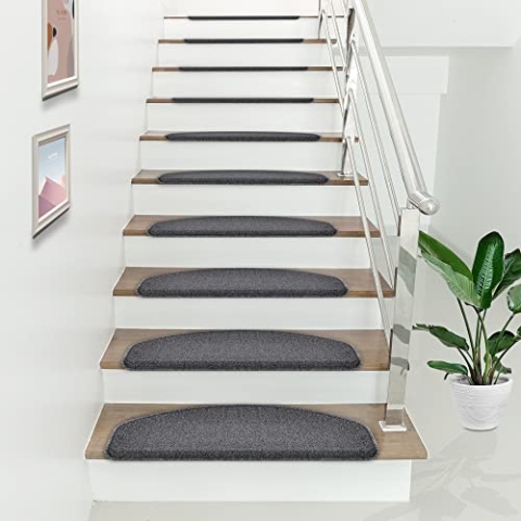 [en.casa] Stufenmatte 15er Set Halbrund 65 x 24 cm Treppenmatte Treppenschoner Treppenschutz Selbstklebend Dunkelgrau