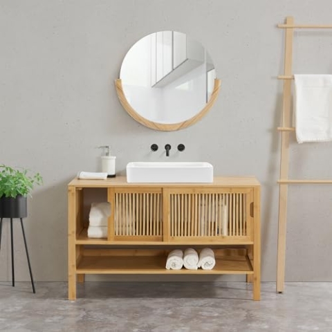 [en.casa] Waschbeckenunterschrank Hvaler Badezimmerschrank Badschrank Waschtischunterschrank mit 2 Türen und 1 offenen Ablagefach 60x100x45cm Bambus