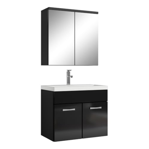 Badplaats B.V. Badezimmer Badmöbel Set Montreal 01 mit Spiegelschrank 60cm Waschbecken Hochglanz Schwarz - Unterschrank Waschtisch Möbel