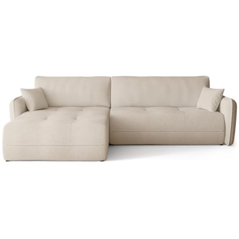 BROMARKT Ecksofa mit Schlaffunktion Couch mit Bettkasten Wohnzimmer Möbel Freistehend Wellenfedern Schlafsofa Sofa Boucle Wohnlandschaft L Form 3 Sitzer 263x150x85 cm Ecru