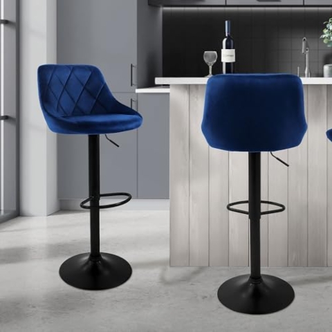 ML-Design Barhocker 2er Set, Bezug aus Samt, Blau, Gepolsterter Barstuhl mit Rückenlehne und Fußstütze, Tresenhocker höhenverstellbar 62-82 cm, 360° drehbar, Bistrohocker Hocker Drehstuhl Barstühle