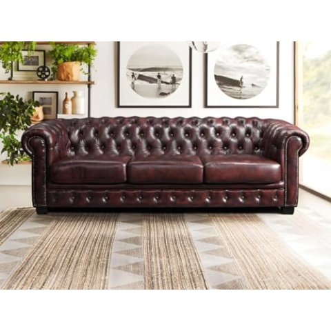 Linea Sofa Chesterfield Ledersofa 4-Sitzer - B«¨ffelleder - Rotbraun - Brenton