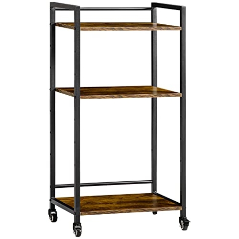 HOMCOM Lagerregal 3 Fächer Standregal mit höhenverstellbarer Regal Rollen Druckerständer Bücherregal Servierwagen Mikrowellenständer Industriedesign Metall Spanplatte Rustikal-Braun 50 x 35 x 100,5 cm