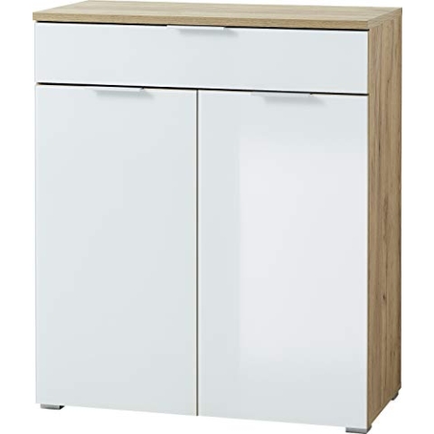 Germania Kommode 3981-242 GW-TELDE, in Navarra-Eiche-Nb./Weiß, Fronten aus Glas, 89 x 105 x 40 cm (BxHxT)