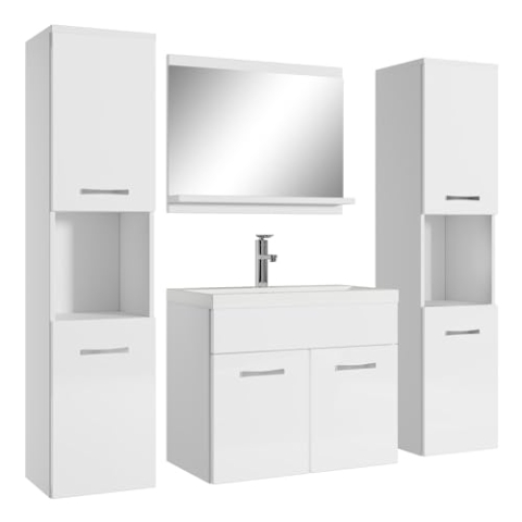 Badplaats B.V. Badezimmer Badmöbel Set Montreal XL 60cm Waschbecken Weiß Hochglanz Fronten - Unterschrank Hochschrank Waschtisch Möbel