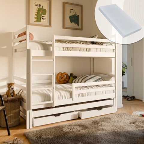 Hochbett 90x200 mit Ausziehbett und DREI Matratzen Kinderbett, Zwei Schubladen, Lattenrost, Rausfallschutz, umbaubar in DREI Einzelbetten, Vollholz massiv in weiss | von 4. bis 18. Lebensjahr