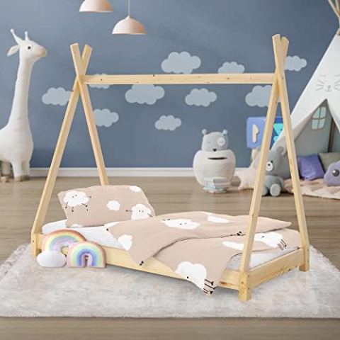 ML-Design Kinderbett Tipi 70 x 140 cm mit Lattenrost, Natur, Indianer Bett aus Massivholz, Kiefernholz, Hausbett für Mädchen und Jungen, Kinderhaus Jugendbett Holzbett Bettenhaus Spielbett Zelt