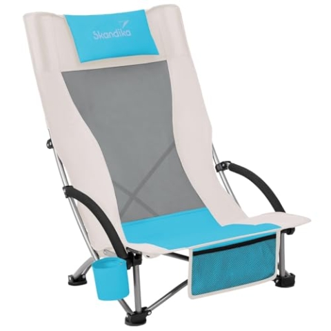 Skandika Strand Klappstuhl Beach | Bequemer Strandstuhl mit atmungsaktivem Mesh, Getränkehalter, niedrig, leicht zu transportieren, max. 136 kg | Faltbarer Campingstuhl, Liegestuhl (beige/türkis)